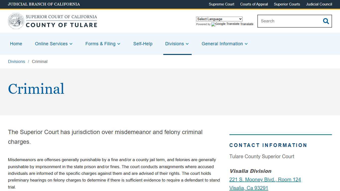 Criminal Superior Court of California County of Tulare