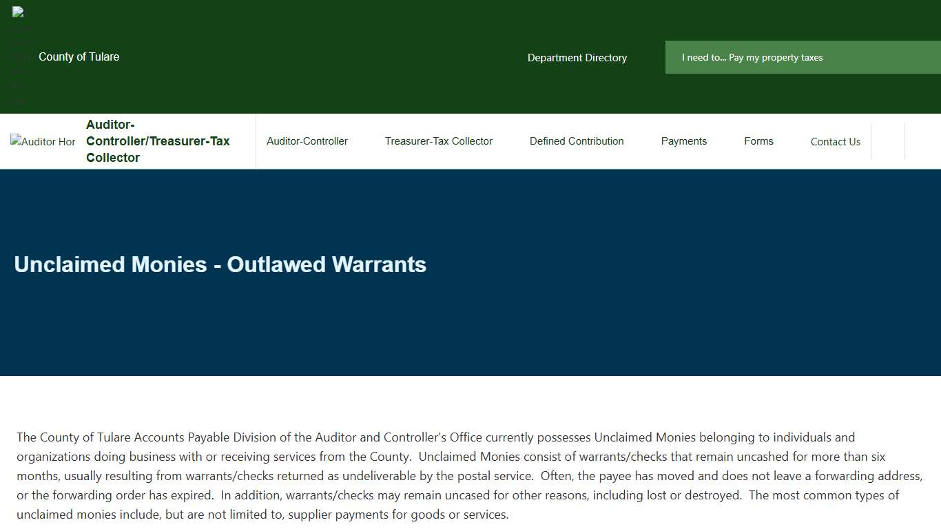 Unclaimed Monies - Outlawed Warrants Tulare